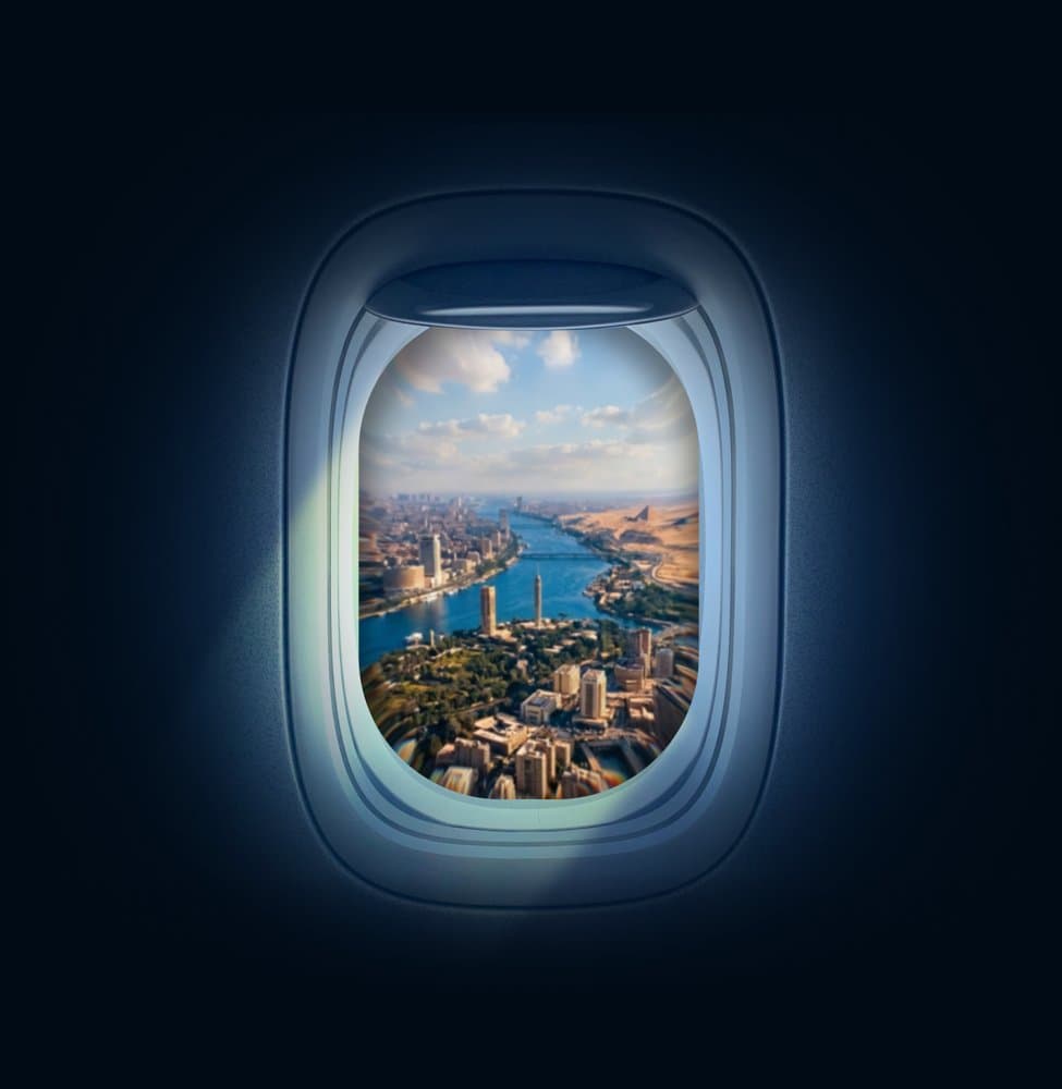 View of Cairo and the Nile through an airplane window